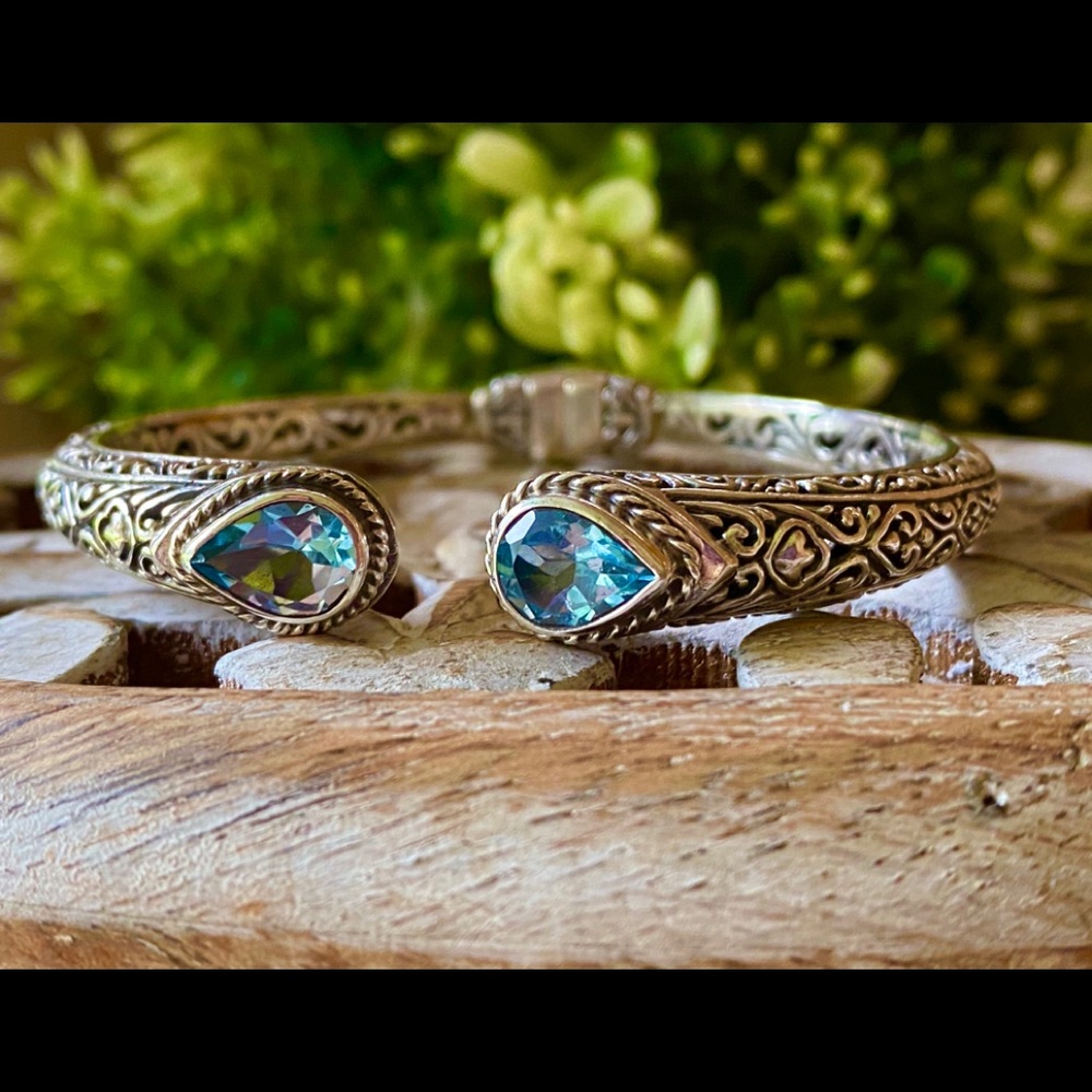 925 Sterling Silver and Blue Topaz Bali Bracelet